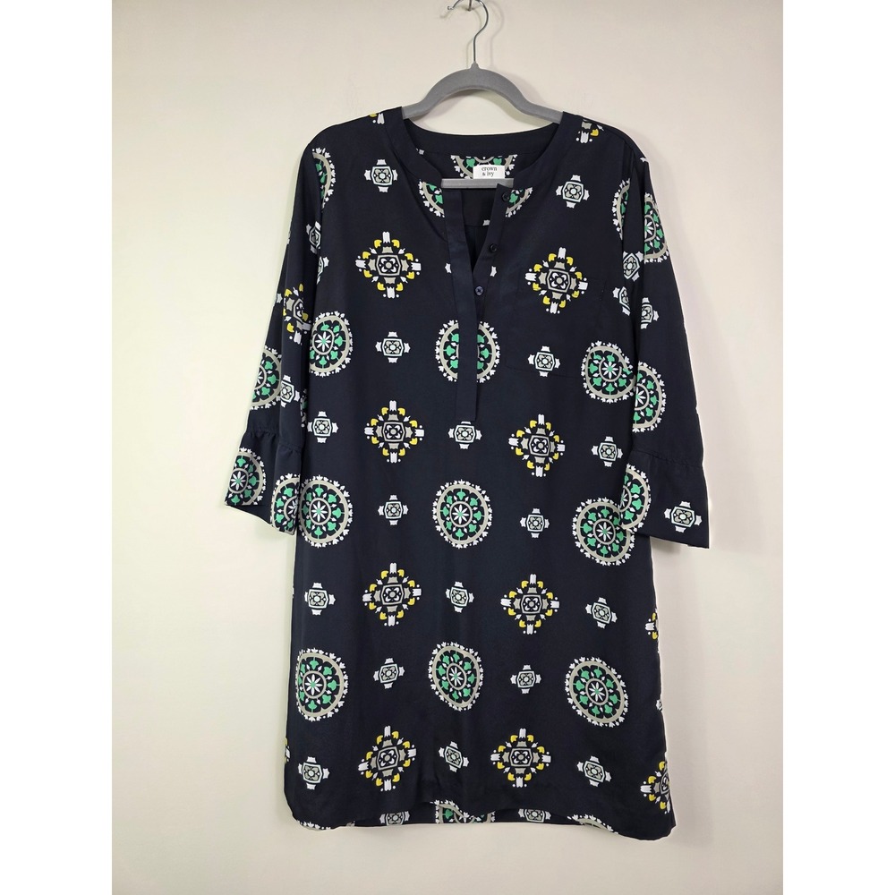 Crown & Ivy Shift Dress Women 16 Navy Blue Medallion Geo Print 3/4 Ruffle Sleeve